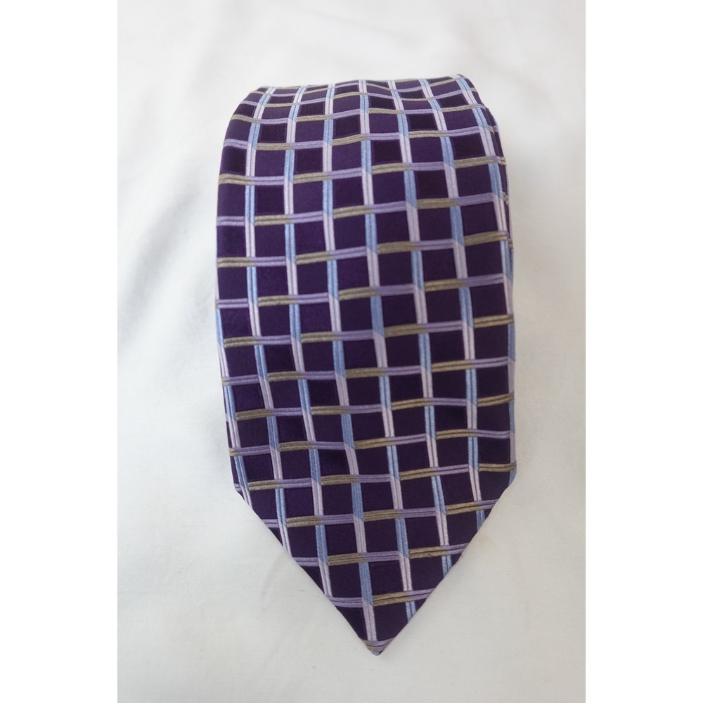 Jones New York Silk Tie Purple Blue Grid‎ Check Pattern 100% Imported Necktie